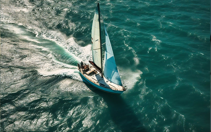 Barco de vela navegando por alta mar.