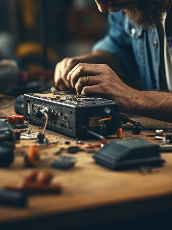 Hombre reparando aparato electrónico de navegación.